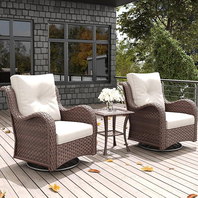 LayinSun 3 Pieces Outdoor Patio Furniture Set, Rattan Wicker Swivel Rocker Chairs Sets with Swivel Glider Chairs and Coffee Table