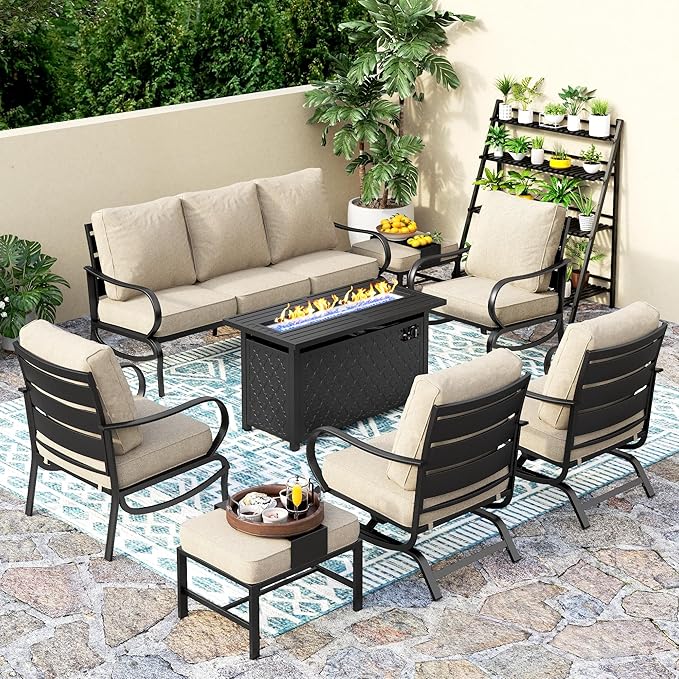 PHI VILLA 8 Piece Outdoor Patio Furniture Set with 1 x 45 FirePit Table, 1 x 72 Deep Seating Sofa Bench, 2 x C-Base Sofa Chairs, 2 x Armrest Legs Chair and 2 x Metal Cushioned Ottoman