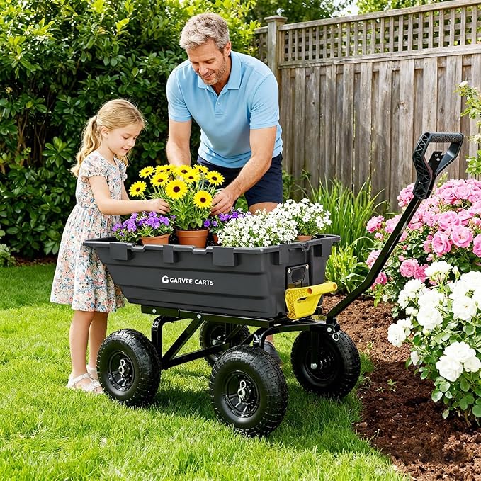 GarveeLife 1400lbs 7Cu.Ft. Garden Dump Cart Tow Behind with 2-in-1 Convertible Handle and 13in All Terrain Wheels, Heavy Duty Poly Pull Behind Yard Dump Wagon ATV Trailer for Lawn Mower Tractor