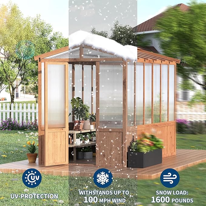 6x10FT Wooden Greenhouse with Cedar Frame, Outdoor Wood Greenhouses with Roof Vent, Wood and Polycarbonate Walk-in Greenhouse