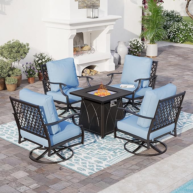 SUNSHINE VALLEY 5 Piece Metal Outdoor Patio Furniture Set with Fire Pit Table, Patio Conversation Sets 4 Swivel Chairs with 5.75" Thick Cushion and 5000 BTU Fire Pit Table, Backyard Furniture, Blue