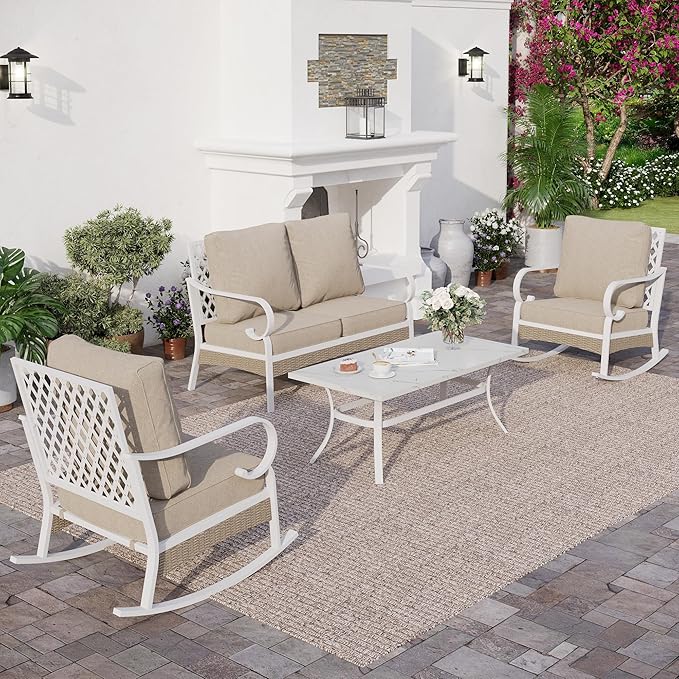 SUNSHINE VALLEY 4 Piece Metal Outdoor Patio Furniture Sets, Patio Conversation Sets 1 2-Seater Sofa, 2 Single Sofa with 5.75" Thick Cushion and Coffee Table, White Frame Backyard Furniture, Beige