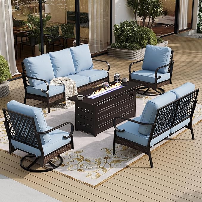 SUNSHINE VALLEY 5 Piece Metal Outdoor Patio Furniture Sets with Firepit Table, Patio Conversation Sets 1 3-Seater Sofa, 1 2-Seater Loveseat, 2 Swivel Sofa with 5.75" Cushion for Backyard Deck, Blue