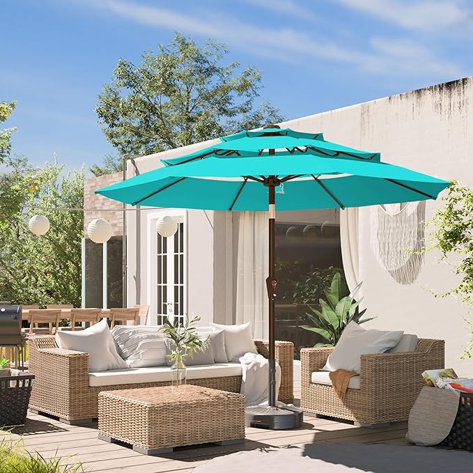 9FT 3-Tier Large Outdoor Patio Umbrella Market Table Umbrella-UV Resistant,Easy Push Button Tilt and Crank,8 Sturdy Fiberglass Ribs Heavy-Duty Pool Umbrella for Deck,Backyard,Garden,Yard,Light Blue
