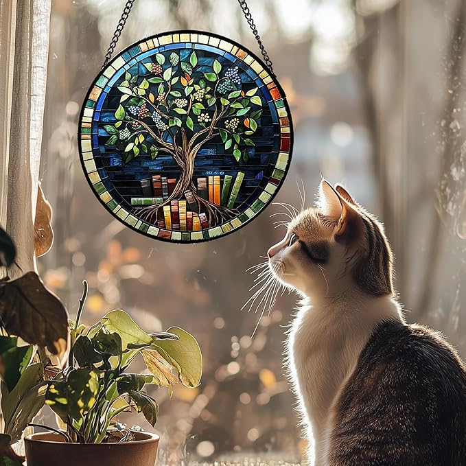 QZQCBLC Stained Glass Window Hanging Green Life Tree Berry Book 6.3" - Blue Suncatcher Door Garden Sun Catcher Home Decor Birthday Christmas for Mom Men Woman Nana Friend
