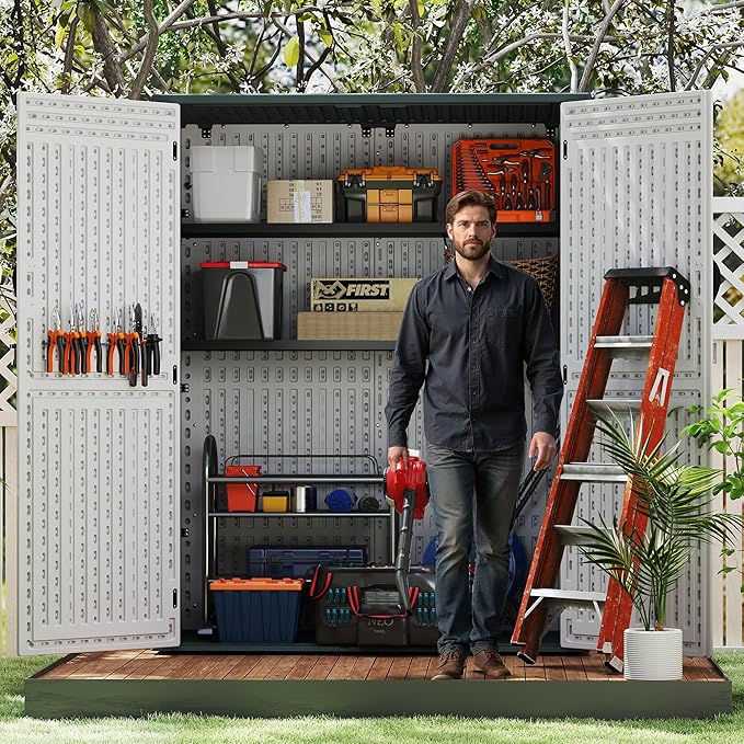 EHHLY Vertical Resin Storage Shed with 2 Shelves, 60 Cuft Garden Tool Sheds & Outdoor Storage, Plastic Outdoor Storage Cabinet Waterproof, 4.5 x 2.3 ft Backyard Outside Lawn Mower Storage Shed, White