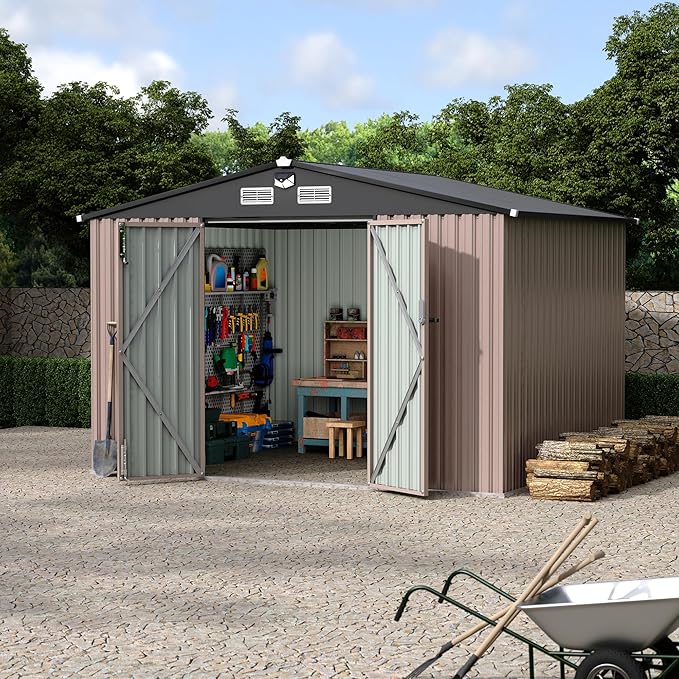 8x10 FT Metal Storage Sheds Outdoor with Solar Light, MetalTool Shed with Lockable Door, MetalYard Sheds Garden Shed Kit, Metal UtilitySheds Buildings with Air Vent for Backyard Garden Patio Lawn