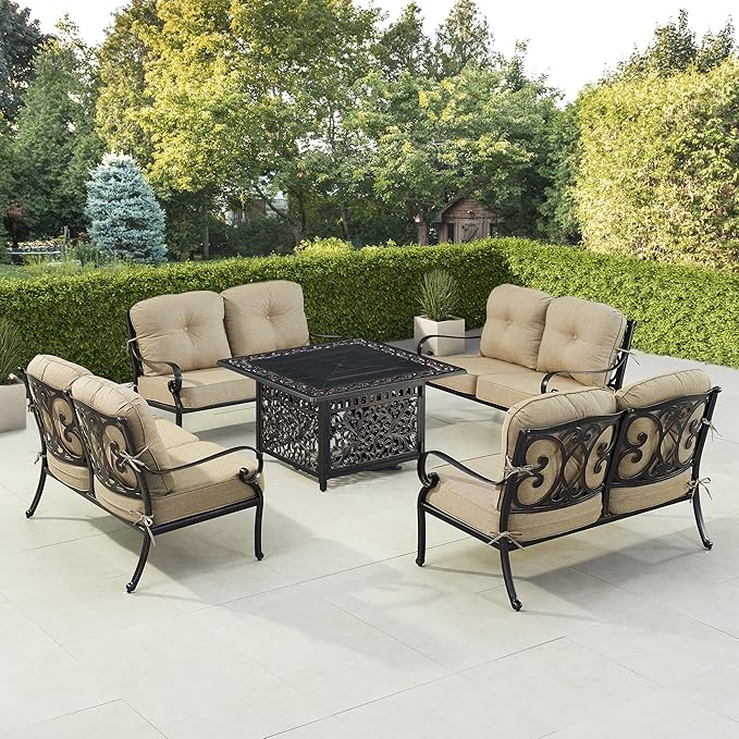 Oakland Living Black Aluminum Patio Fire Table Set with Four Deep Seating Loveseat, Cushions and Wind Blocker