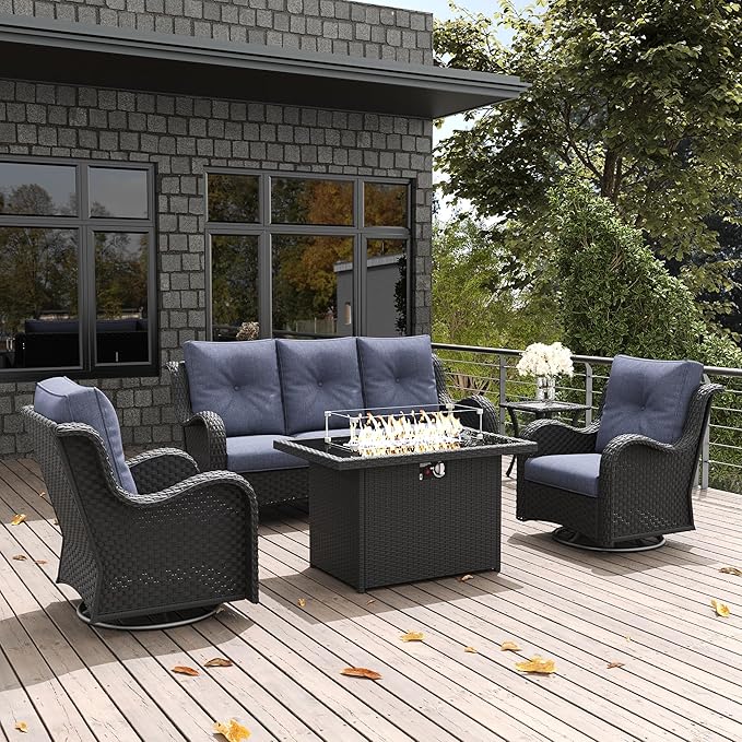 LayinSun 5 Pieces Outdoor Patio Furniture Set with Fire Pit Table, Rattan Wicker Sectional Swivel Rocker Chairs Sets with Swivel Glider Chair and Coffee Table