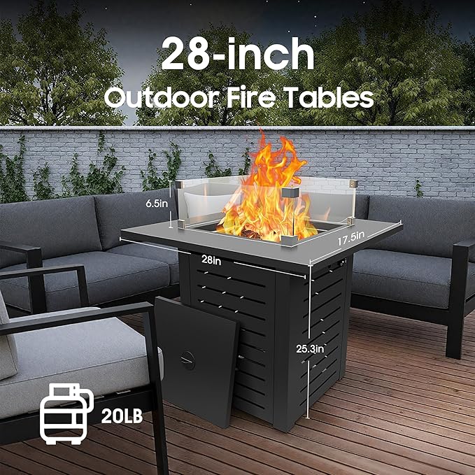 28 Inch Outdoor Propane Fire Pit,50,000 BTU Gas Firepit Table with Steel Lid,304 Stainless Steel H-Burner,Lava Rocks and Wind Guard,Fire Pits for Outside Patio Deck Garden,Black