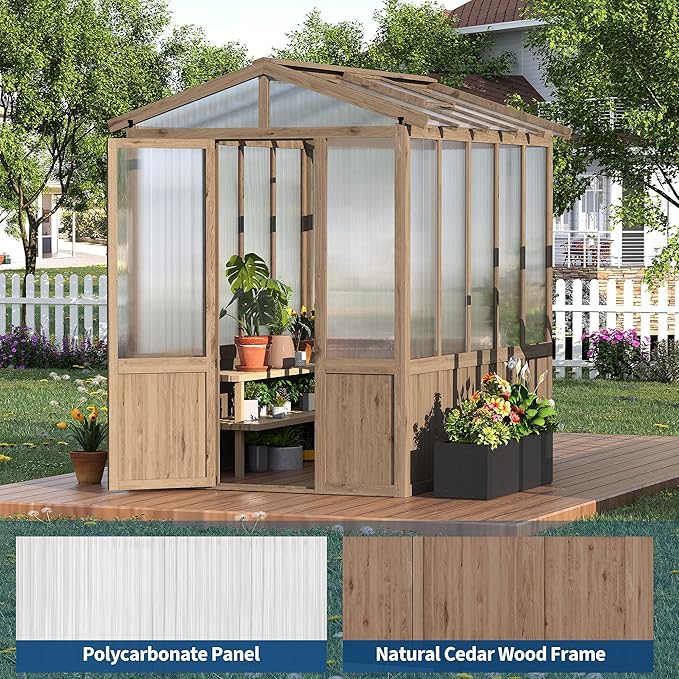 6x8FT Wooden Greenhouse with Cedar Frame, Outdoor Wood Greenhouses with Roof Vent, Wood and Polycarbonate Walk-in Greenhouse
