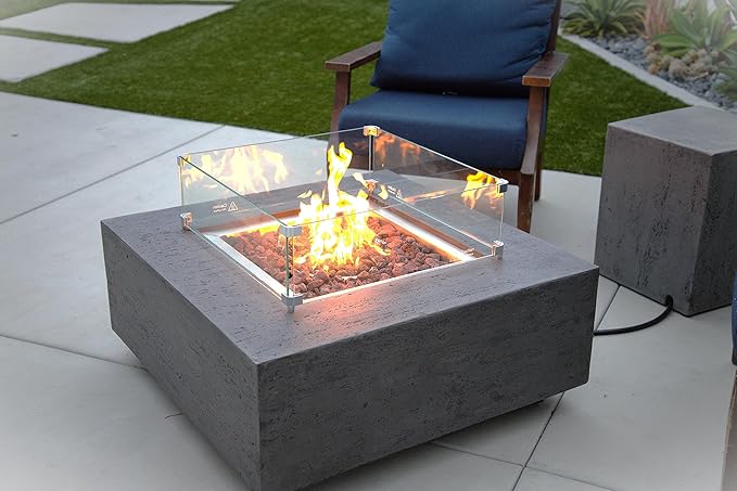 AMS Creations | Albany Square Natural Gas Outdoor Fire Pit Table | Concrete GFRC Fire Pit Table | with SS Burner, Canvas Cover, SS Lid, Lava Rock, and Wind Guard Included (Fuel Type: Natural Gas)
