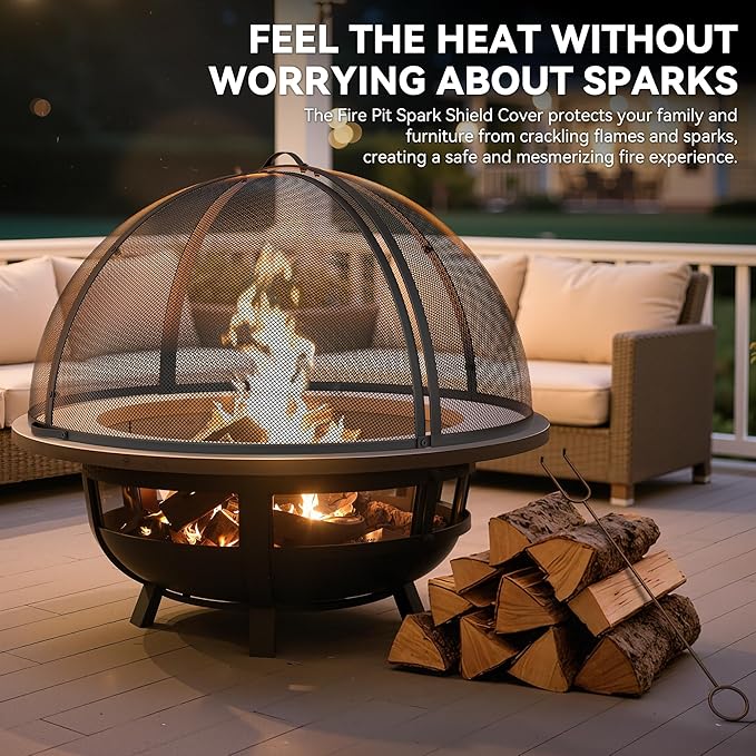 YITAHOME 36" W*19" H Fire Pit Screen with Top Ring & Poker, Iron Mesh Spark Guard with High-Temperature Coating, Portable & Modular for Backyard Fire Pits, Camping, Beach Parties, and Barbecues