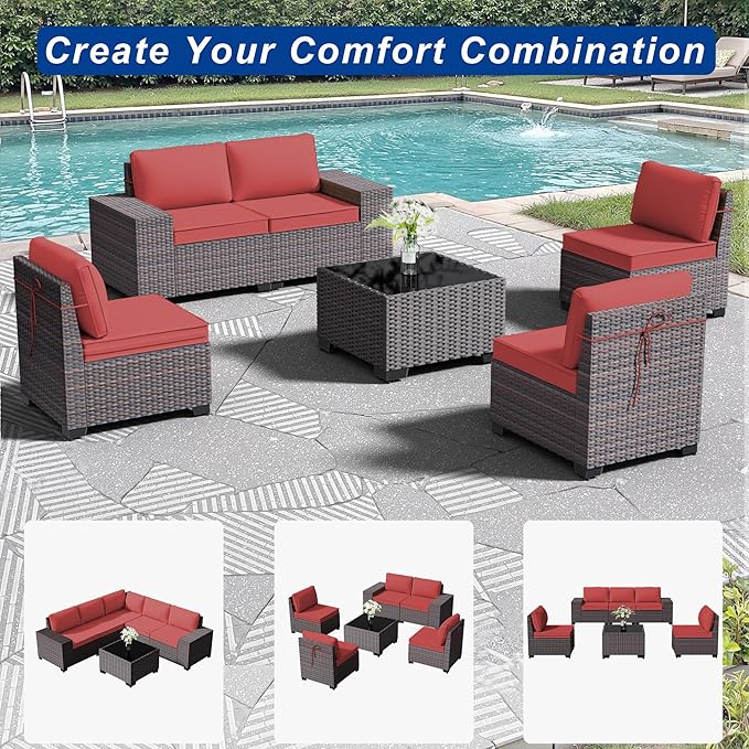 Outdoor Patio Furniture Set, 6 Pieces Outdoor Sectional Furniture High Backrest Patio Sofa, All-Weather PE Rattan Patio Conversation Set with Coffee Table & Cushions-Red.