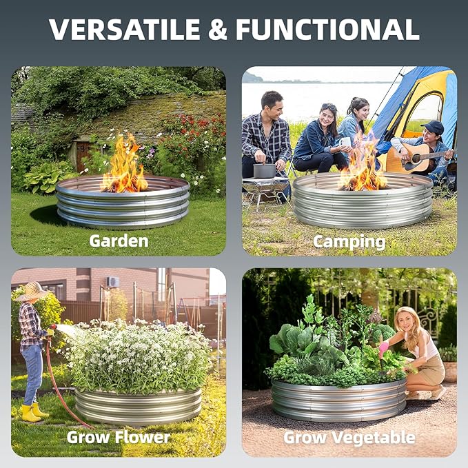 60 Inch Fire Pit Ring for Outside, 5FT Diameter Wood Burning Fire Ring, Large Round Galvanized Steel Fire Pit, Metal Outdoor Fireplace for Backyard, Patio, Camping, Bonfire (Silver)