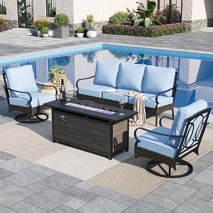 Sophia & William Patio Furniture Set with Fire Pit Table, 4 PCS Metal Outdoor Conversation Set with Fire Pit Table, 2 Swivel Chairs,3-Seater Couch for Outdoor Seating, Backyard, Porch(Blue)