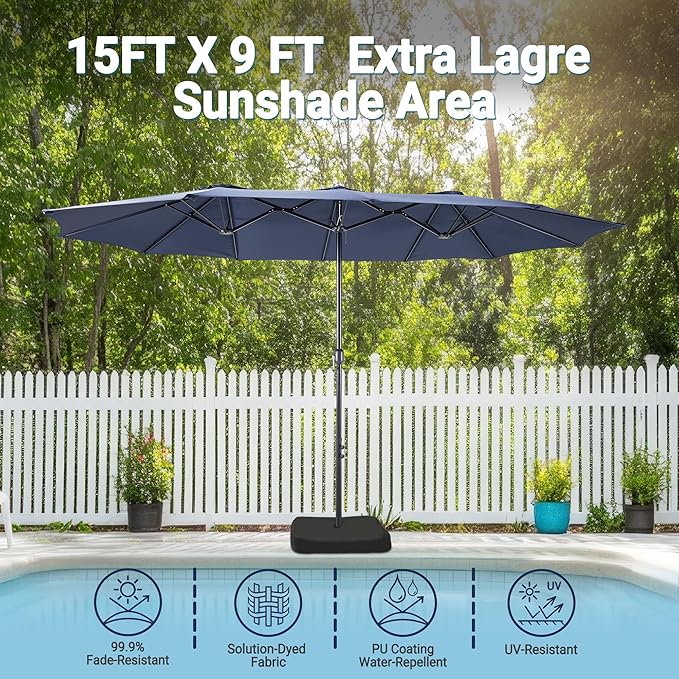 Bigroof 15ft x 9ft Patio Double-Sided Umbrella with Base & Crank, Extra Large Rectangular Outdoor Umbrella for Patio, Lawn & Garden, Beige