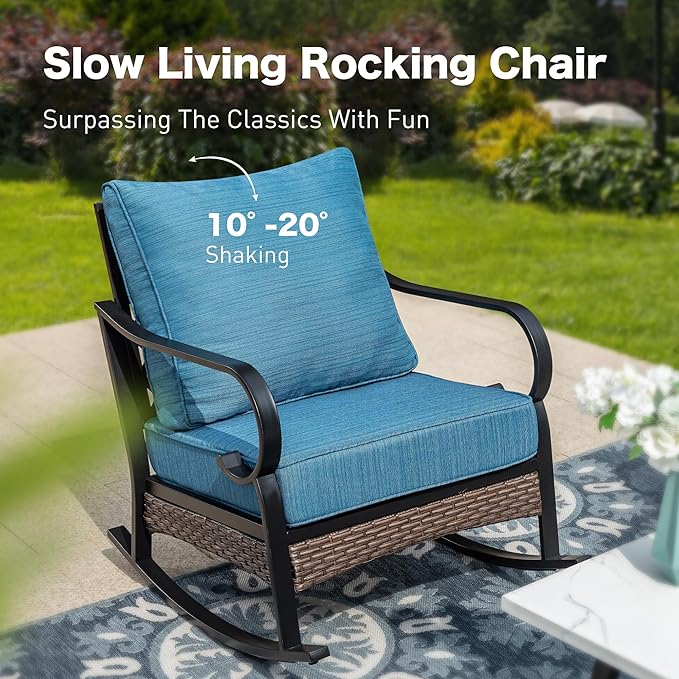 SUNSHINE VALLEY 5 Piece Metal Outdoor Patio Furniture Sets with Firepit Table, Patio Conversation Sets 1 3-Seater Sofa, 2-Seater Loveseat, 2 Rocking Chair with 5.75" Cushion for Backyard Deck, Blue-2