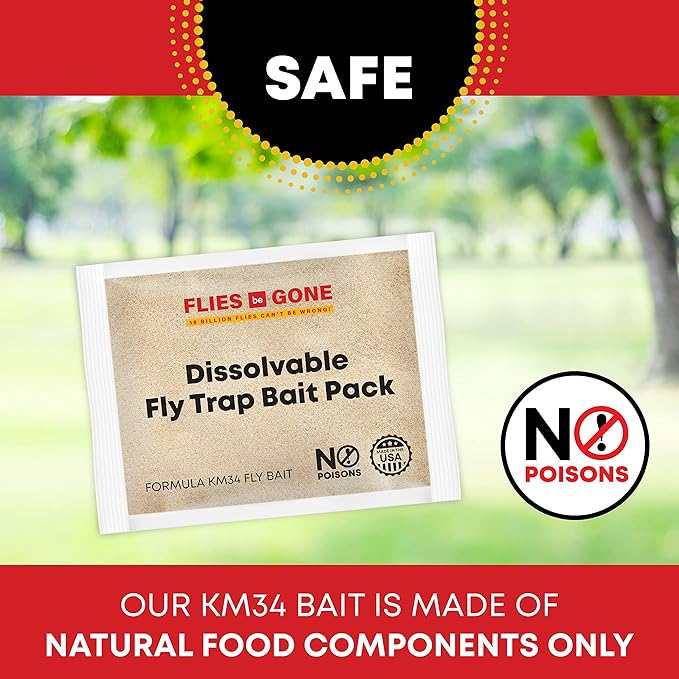 Flies Be Gone Outdoor Fly Trap Reusable – with 2 Dissolvable Fly Attractant Refill Packets & 1 Suspension Strap - Best Non-Toxic Catcher for Your patios, Home and Commercial Use