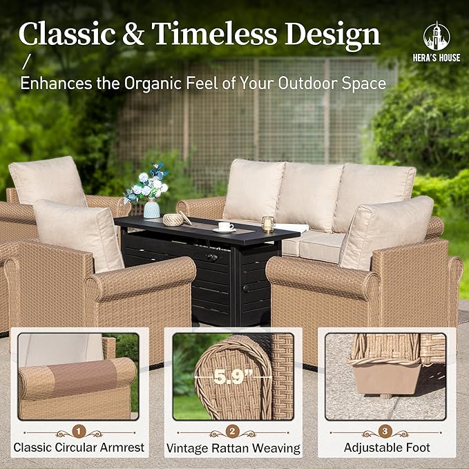 HERA'S HOUSE 4-Piece Patio Furniture Set, All Weather 5 Seats Outdoor Wicker Sofa with 44" Coffee Table, 5.5" Thick Waterproof Cushion Conversation Couch Set for Garden Deck Backyard, Beige