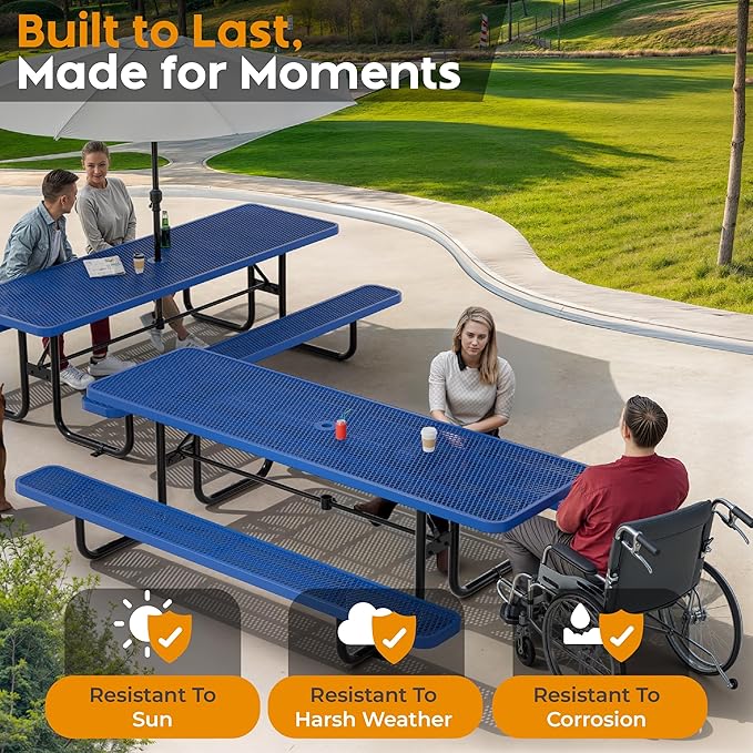 Commercial Heavy-Duty Metal Picnic Table - ADA Compliant, Adjustable Seats, Umbrella Hole, Expanded Metal (Blue, 8' Rectangular)