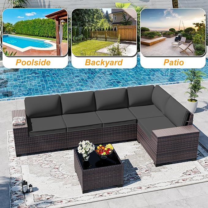 Outdoor Patio Furniture Set, 6 Pieces Outdoor Sectional Furniture High Backrest Patio Sofa, All-Weather PE Rattan Patio Conversation Set with Coffee Table & Cushions-Black