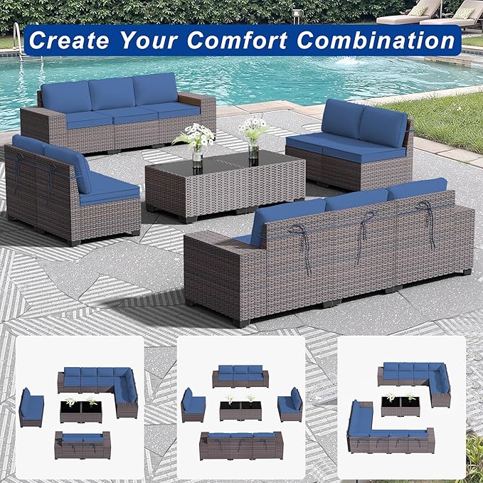 Outdoor Patio Furniture Set, 12 Pieces Outdoor Sectional Furniture High Backrest Patio Set, All-Weather PE Rattan Patio Conversation Set w/Coffee Tables & Cushions-(Dark Blue)