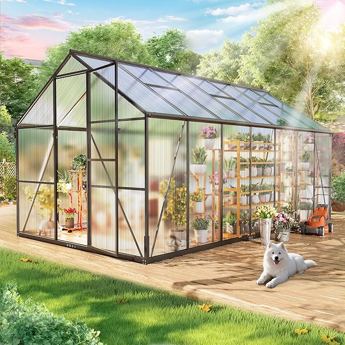 Wanan 14x8FT Greenhouses for Outdoors, Quick Assembly Polycarbonate Green House with UV Protection, Windproof Aluminum Frame Heavy Duty, Adjustable Roof Vent for Backyard or Outdoor Garden Use