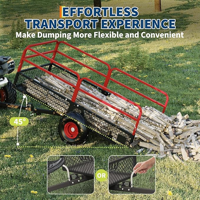 GarveeLife ATV UTV Trailer Tow Behind Dump Cart, 1600 lbs 22 Cubic Feet Heavy Duty Yard Garden Trailer Pull Behind with Removable Sides & All Terrain Tires, Fits Lawn Mower, Tractor, Garden