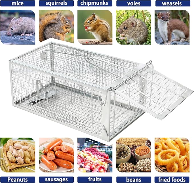 2 Pack Humane Rat Traps - Rodent Trap for Squirrel Mouse Mice, Live Rat Traps Catch & Release for Indoors and Outdoors(12.6''*5.5''*4.7'')