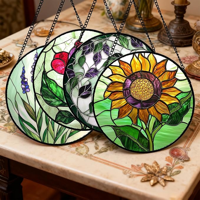AMDERVEN Stained Glass Window Hanging 4 Pcs Set Red Roses Yellow Sunflowers 7.8" - Flower Suncatcher Door Garden Sun Catcher Decor Birthday Mother's Day for Mom Woman Nana Girl