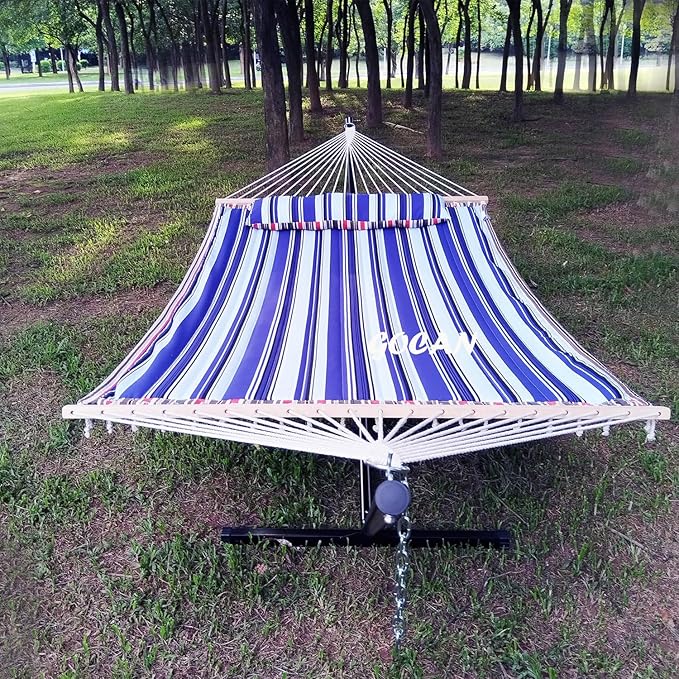 GOCAN Quilted Fabric Double Hammock Won't flip with Stand and Spreader Bars,Safer and Sturdier,Quality Hammocks for Outdoor Indoor Patio Yard Two Sided Dual use red/Blue