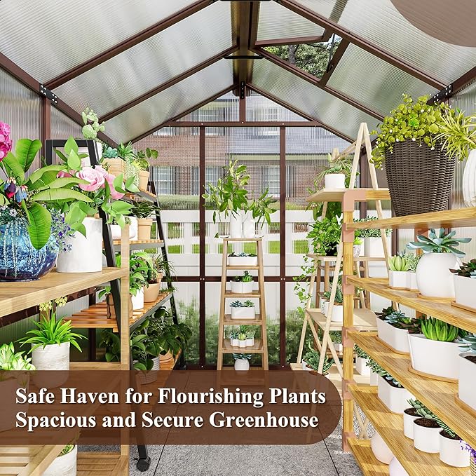 6x8 FT Greenhouse, Wooden Polycarbonate Greenhouse with 6MM Thick Polycarbonate Panel and Adjustable Roof Vents, Walk-in greenhouses for Outdoors for Garden Backyard, Patio, Lawn, Brown