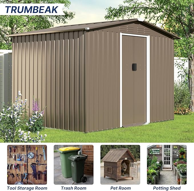 8x6FT Outdoor Storage Shed with Floor,Lockable Sliding Doors Outdoor Waterproof Tool Storage Sheds,Metal Storage Shed for Garden, Patio, Backyard(Brown)