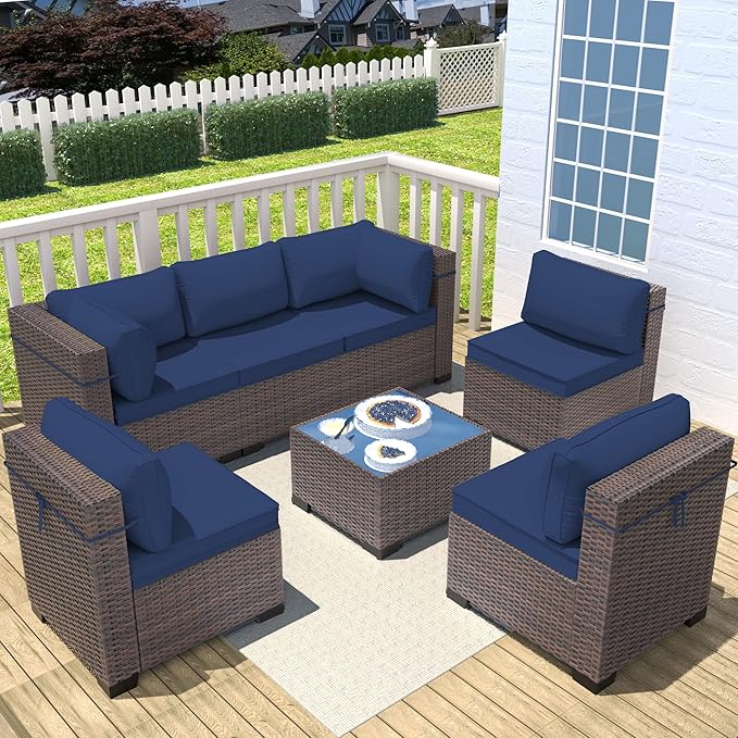 Outdoor Patio Furniture Set, 7 Pieces Outdoor Sectional Furniture Patio Sofa, All-Weather PE Rattan Patio Conversation Set with Tempered Glass Top Table & Cushions(Navy Blue).