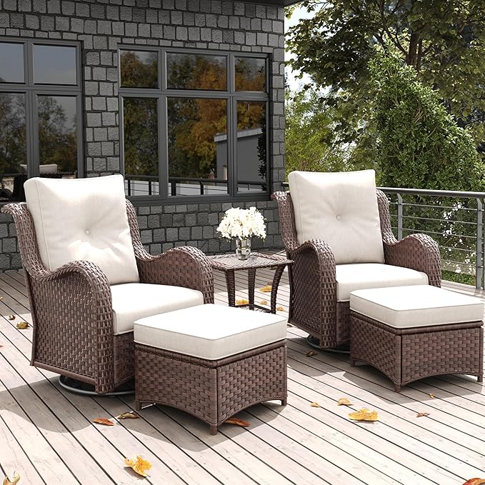 LayinSun 5 Pieces Outdoor Patio Furniture Set, Rattan Wicker Swivel Rocker Chairs Sets with Ottomans, Swivel Glider Chairs, and Coffee Table