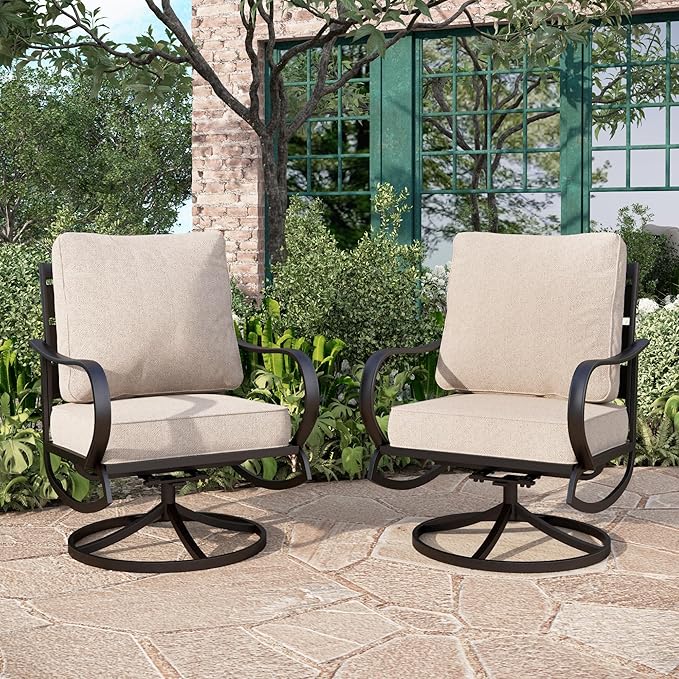 PHI VILLA Patio Furniture Chair Set for 2, Deluxe Outdoor Conversation Set with 2 Swivel Padded Sofa Chair, Full Metal with 5.8" Cushion for Deck, Lawn, Garden