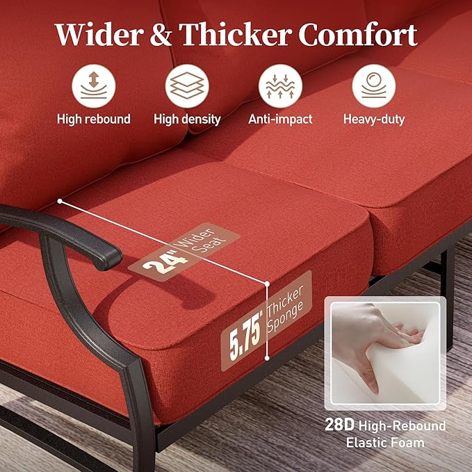 SUNSHINE VALLEY 4 Piece Metal Outdoor Patio Furniture Sets with 5000 BTU Firepit Table, Patio Conversation Sets 1 3-Seater Sofa, 2 Swivel Chair with 5.75" Thick Cushion, Black Backyard Furniture, Red