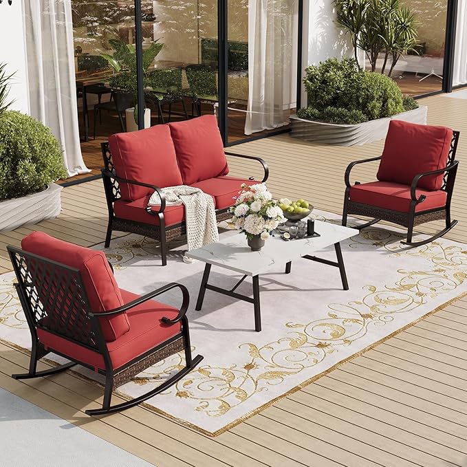 SUNSHINE VALLEY 4 Piece Metal Outdoor Patio Furniture Sets, Patio Conversation Sets 1 Loveseat, 2 Rocking Sofa with 5.75" Extra Thick Cushion and Coffee Table, Balck Frame Backyard Furniture, Rust Red