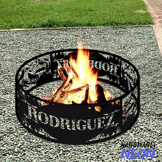 Personalized Wolf Fire Pit Ring Metal Custom Name 360 Degree Cutouts Wilderness Campfire Ring Stove Outdoor BBQs Backyard Camping Garden Decor Gifts Father's Day Campers