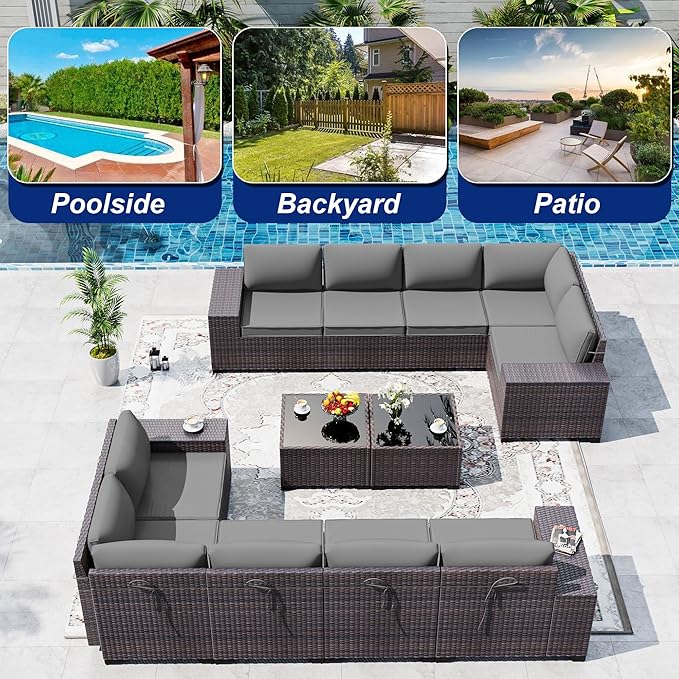 Outdoor Patio Furniture Set, 12 Pieces Outdoor Sectional Furniture High Backrest Patio Sofa, All-Weather PE Rattan Patio Conversation Set with Coffee Table & Cushions(Grey).