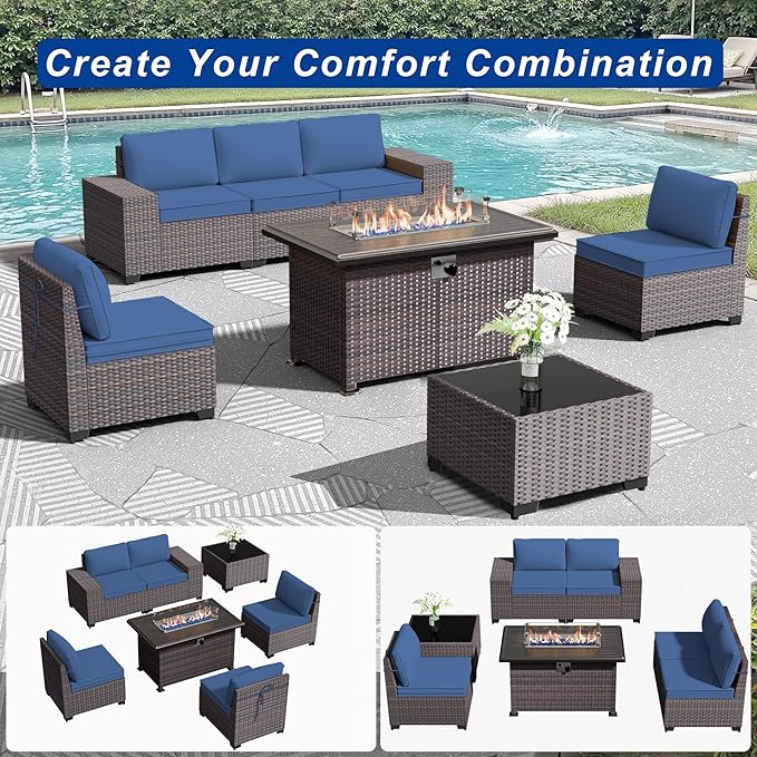Outdoor Patio Furniture Set with Gas Fire Pit Table, 7 Pieces Patio Furniture Set Outdoor Sectional Sofa w/43in Propane Fire Pit, PE Wicker Rattan Patio Conversation Set - Dark Blue