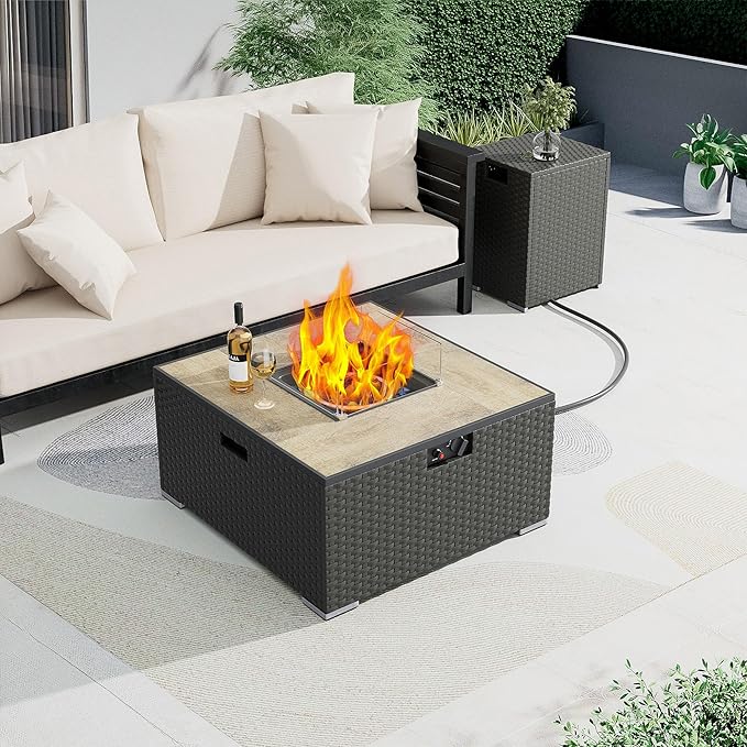 Dineli 31.5 Inch Propane Fire Pit Table Square Gas Fire Pits for Outside Patio Fire Pits & Outdoor Fireplaces 2-in-1 Fire Pit Table with Lid for Camping Backyard Garden, 40,000 BTU, Waterproof
