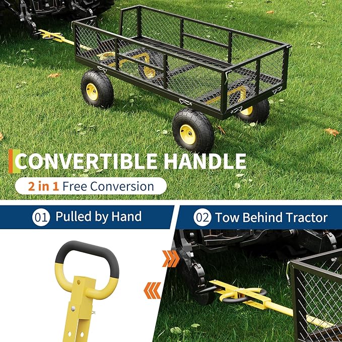 900 LBS Garden Cart on Wheels with Adjustable Handles, Heavy Duty Steel Garden Wagon with Removable Mesh Sides to Convert into Flatbed, Wagon Cart for Lawn Farm Yard, Black