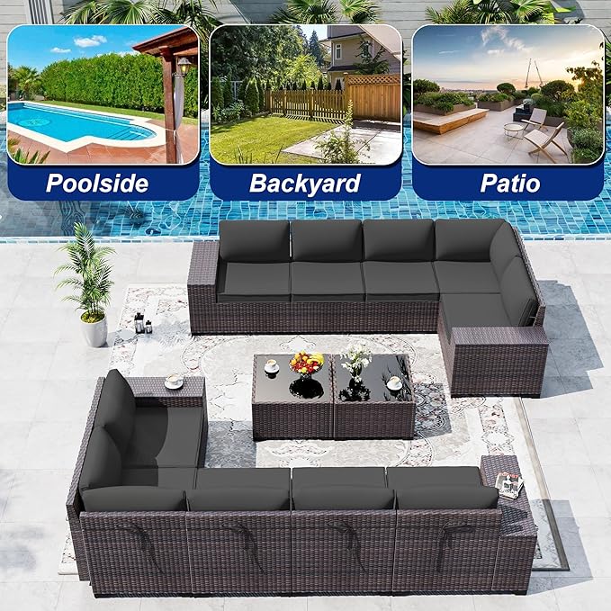 Outdoor Patio Furniture Set, 12 Pieces Outdoor Sectional Furniture High Backrest Patio Sofa, All-Weather PE Rattan Patio Conversation Set with Coffee Table & Cushions