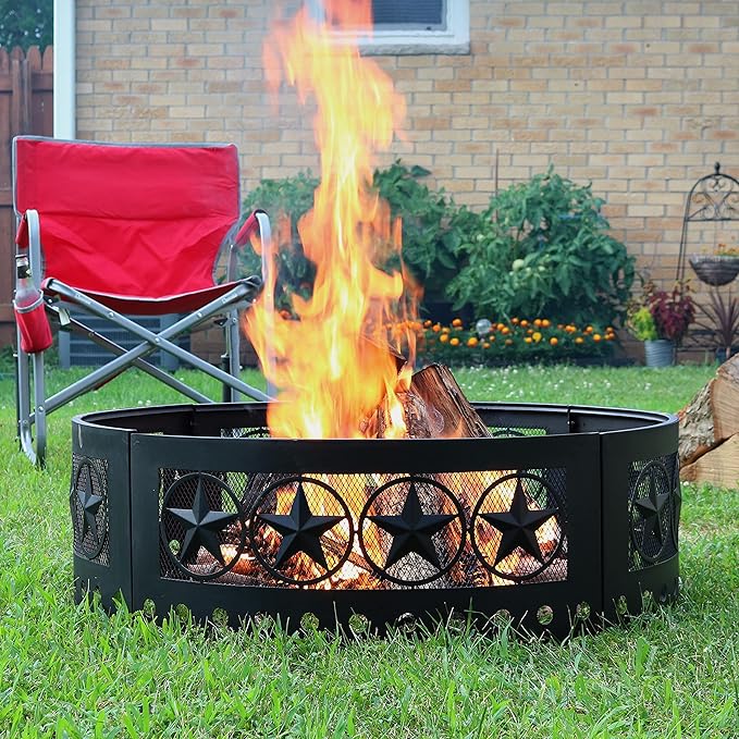 Sunnydaze 36-Inch Outdoor Fire Pit Ring with Poker - Round Heavy-Duty Steel Fire Ring for Camping or Backyard - 4-Star - 12" H