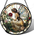 JOSUMALY Stained Glass Window Hanging - Butterfly Flower Fairy Suncatcher for Door Terrace Garden Home Decor Yellow Green Plants Sun Catcher Birthday Gifts for Lovers Women Men Dad Mom Nana 15 in