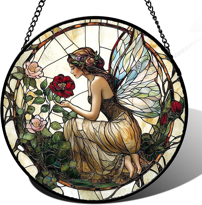 JOSUMALY Stained Glass Window Hanging - Butterfly Flower Fairy Suncatcher for Door Terrace Garden Home Decor Yellow Green Plants Sun Catcher Birthday Gifts for Lovers Women Men Dad Mom Nana 7.8 in