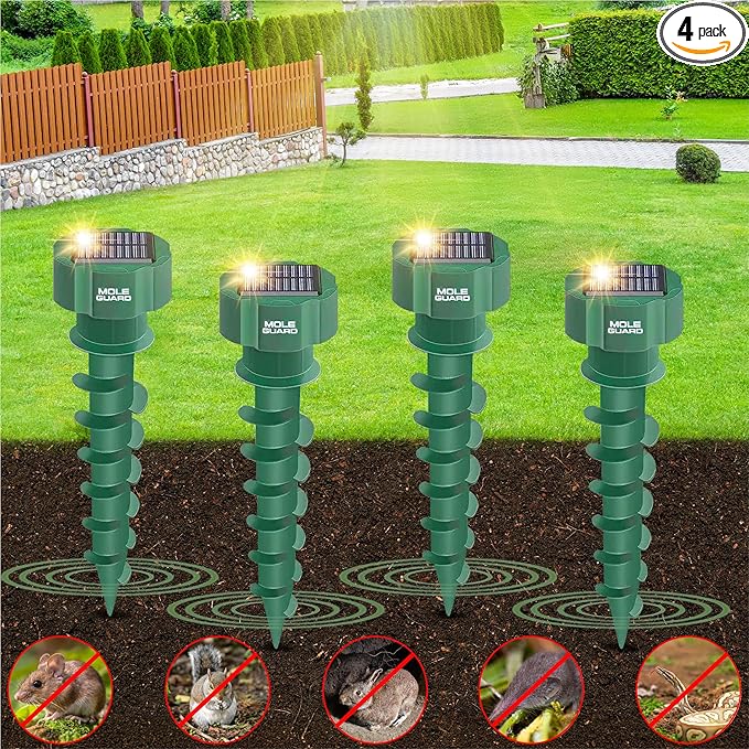 Mole Repellent Solar Powered Ultrasonic, Waterproof Solar Groundhog Repeller Snake & Gopher Deterrent, Spike to Get Rid of Burrowing Rodents, Vole Repellent, Pest Control for Lawn & Garden 4 Pack
