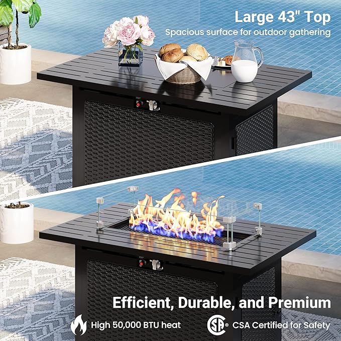Green4ever 8 Pieces Outdoor Patio Furniture Set with 43" Fire Pit Table, Wicker Outdoor Patio Sectional Sofas Coffee Table, All-Weather Patio Conversation Set with Cushions for Garden Backyard, Beige